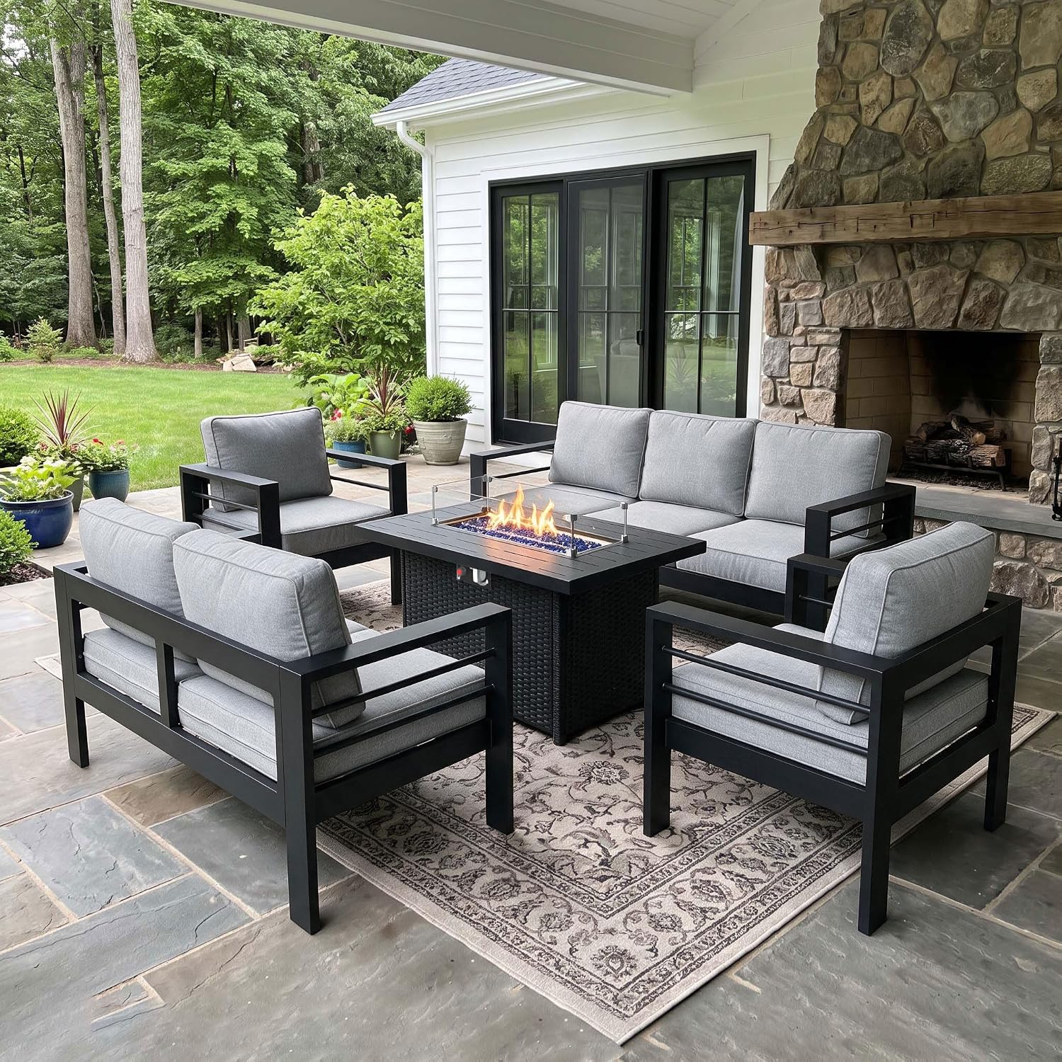 Outdoor Furniture With Fire Pit Table - Комплект уличной мебели из алюминия с